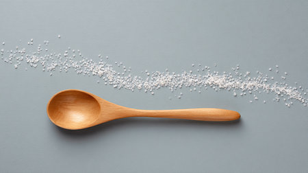 A beautifully crafted wooden spoon rests on a smooth gray surface sprinkled with coarse salt. This image highlights culinary simplicity and natural materials.の素材