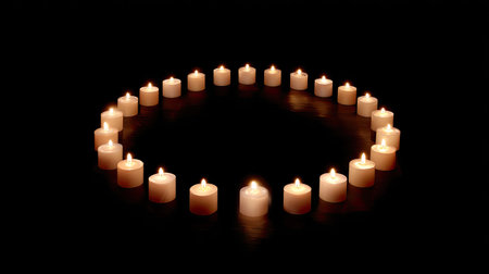 A mesmerizing display of candles arranged in a perfect circle, casting a warm glow in the dark. This serene image evokes feelings of peace, relaxation, and mindful reflection, ideal for meditation or spiritual practices.の素材