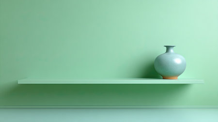 A serene and minimalist interior scene featuring a ceramic vase on a simple shelf against a soft green wall, showcasing elegance and tranquility.の素材