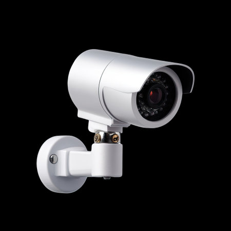 This image presents a white surveillance camera against a black background, highlighting modern technology for effective monitoring in various environments.の素材