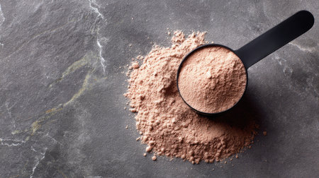 A black measuring scoop filled with brown protein powder rests on a dark grey marble surface, highlighting the texture and nutritional aspect of this ingredient.の素材