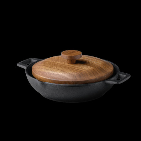 A striking modern piece of cast iron cookware featuring a sleek wooden lid. Ideal for home cooks and chefs, it elevates culinary experiences.の素材