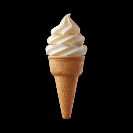 This image showcases a delicious soft serve ice cream swirl in a classic wafer cone, creating an enticing dessert perfect for warm weather enjoyment.の素材