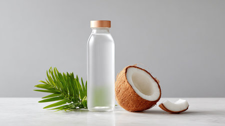 A visually appealing arrangement featuring a clear bottle of coconut water, half a coconut, and fresh green leaves, perfect for healthy lifestyle themes.の素材
