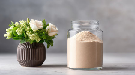 A charming setup featuring a clear glass jar filled with fine powder alongside a delicate floral vase, creating a serene and stylish atmosphere in any setting.の素材