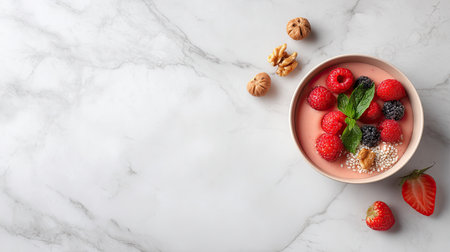 A serene and appealing image featuring a bowl of fresh berries including raspberries and strawberries, complemented by walnuts and mint leaves, set against a sleek marble background.の素材