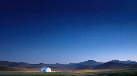 A tranquil scene of a solitary white house illuminated under a starry night sky, surrounded by expansive mountains, evoking peace and isolation.の素材