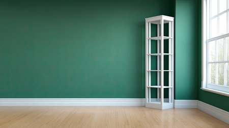 A serene interior featuring a bright green wall and a sleek white display cabinet. Natural light pours in through the window, enhancing the open space.の素材