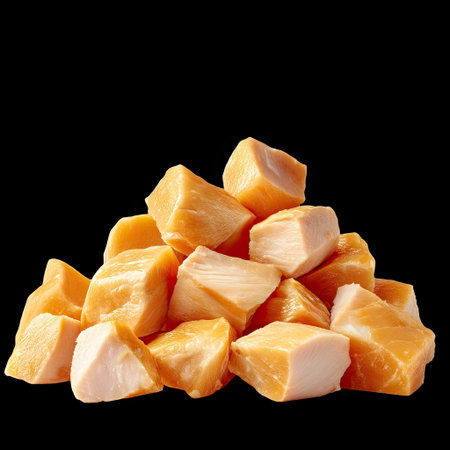 High-quality image of fresh raw chicken breast pieces ready for cooking, showcasing their texture and vibrant color against a dark background. Perfect for culinary use.の素材