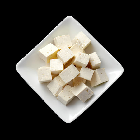 A visually appealing arrangement of fresh, soft tofu cubes displayed on a white plate set against a striking black background, ideal for culinary presentations.の素材