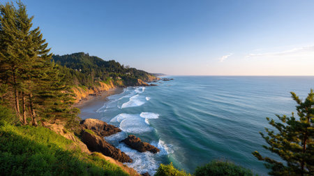 This stunning coastal view showcases gentle waves rolling in towards golden cliffs under a vibrant sky at sunset. The serene atmosphere invites peace.の素材