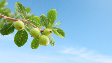 A captivating image showcasing fresh guava fruits on a branch, surrounded by vibrant green leaves, set against a serene blue sky, symbolizing nature's bounty.の素材