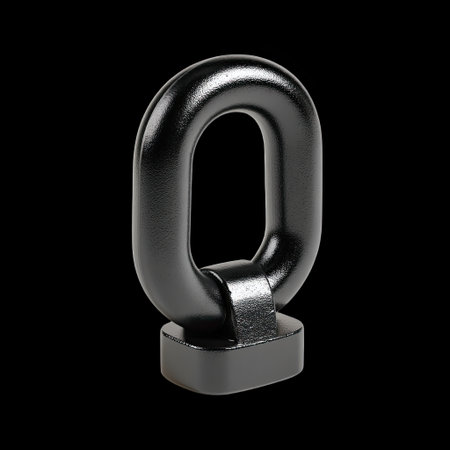 This image features a black metallic chain link with a smooth and polished surface, set against a stark black background. Ideal for industrial themes.の素材