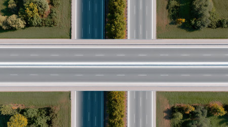 This aerial image captures a modern highway intersection surrounded by lush greenery, highlighting the contrast between urban infrastructure and natural landscapes.の素材