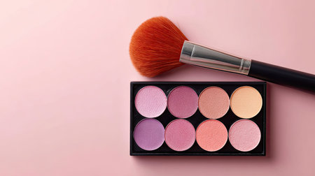 A vibrant palette of blush shades paired with a makeup brush rests on a soft pink background, ideal for beauty and cosmetics presentations.の素材