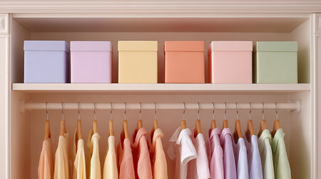 A beautifully organized closet featuring colorful shirts hanging neatly on hangers, complemented by pastel decorative storage boxes. Ideal for interior styling.の素材