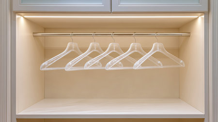 A sleek and organized closet area featuring clear hangers on a metal rod, enhanced by soft LED lighting, ideal for minimalist interior designs.の素材