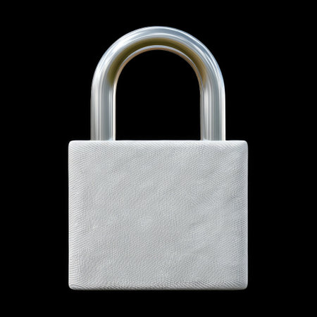 A minimalist white padlock stands out against a black background, representing themes of security, protection, and trust in modern life.の素材