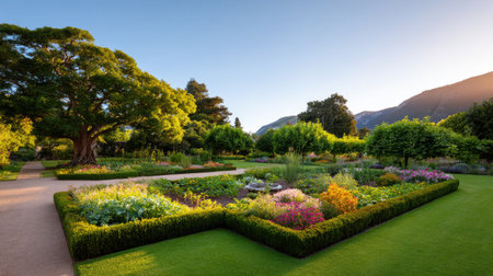A stunning garden landscape featuring a mix of vibrant flowers, lush greenery, and majestic trees under a warm sunset. This serene outdoor setting invites relaxation and admiration of nature's beauty.の素材