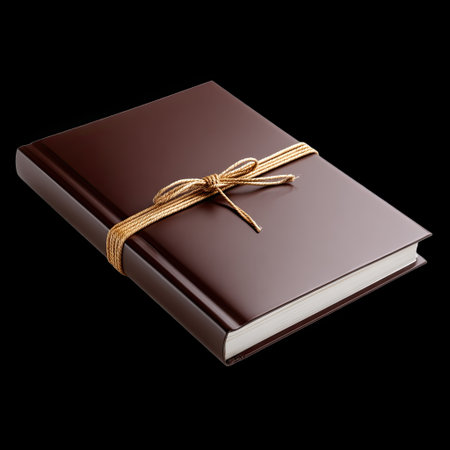 This image showcases an elegant brown leather-bound notebook adorned with a golden ribbon, set against a dark background, ideal for capturing thoughts.の素材