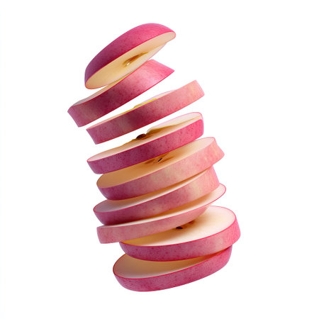 A visually striking composition of floating sliced apple segments showcases the vibrant colors and fresh appeal of this nutritious fruit. Perfect for culinary themes.の素材