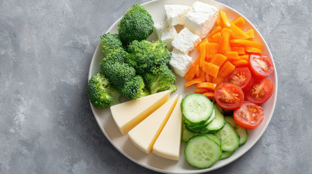 A vibrant plate featuring fresh broccoli, sliced cucumbers, tomatoes, carrots, and cubes of creamy cheese, ideal for healthy snacking or meal prep.の素材