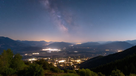 A stunning panoramic view of mountains under a starry night sky, showcasing city lights glimmering below in a tranquil valley, perfect for nature lovers.の素材
