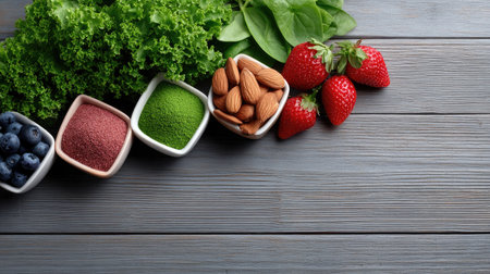 A collection of vibrant healthy ingredients ideal for smoothies, salads, or bowls, showcasing fresh fruits, greens, and nutrient-rich powders on a wooden table.の素材