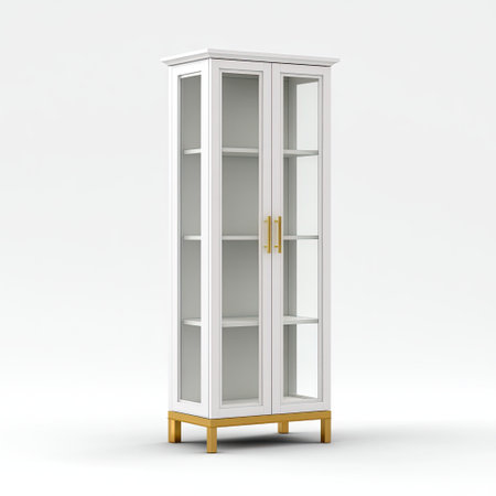 This elegant white cabinet features glass doors and golden accents, perfect for showcasing decor items while providing stylish storage options in any room.の素材