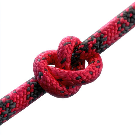 This close-up image showcases a beautifully tied bowline knot on a vibrant red and black rope, highlighting its sturdy construction ideal for outdoor activities.の素材