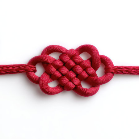 This image features a stunning red decorative knot, highlighting intricate craftsmanship and cultural significance in textile design. The symmetrical pattern showcases artistry and creativity in handmade cord work, making it a versatile decorative element.の素材