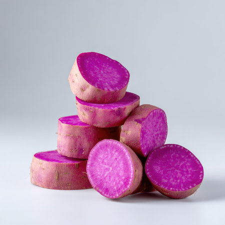 A striking arrangement of fresh purple root vegetables showcases their vibrant color and unique texture. Perfect for healthy eating and culinary inspiration.の素材