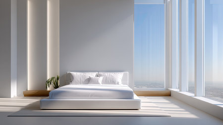 This serene and modern bedroom showcases minimalist decor with large windows, inviting natural light and offering breathtaking views. Perfect for relaxation.の素材