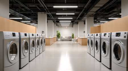 A modern self-service laundry room featuring sleek washing machines and dryers lined up neatly. The bright, spacious area includes a comfortable seating space designed for convenience and relaxation, creating an inviting community atmosphere.の素材
