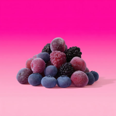 This image features an artistic arrangement of colorful frozen berries, including raspberries, blueberries, and blackberries, set against a striking pink background.の素材