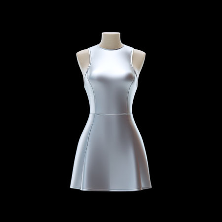 A stunning elegant white dress displayed on a mannequin against a sleek black background, perfect for showcasing fashion and apparel collections.の素材