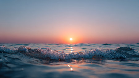 A stunning view of serene ocean waves at sunset, showcasing vibrant colors reflecting on the calm water surface. The tranquil scene captures the beauty of nature as the sun dips below the horizon, creating a calming atmosphere.の素材