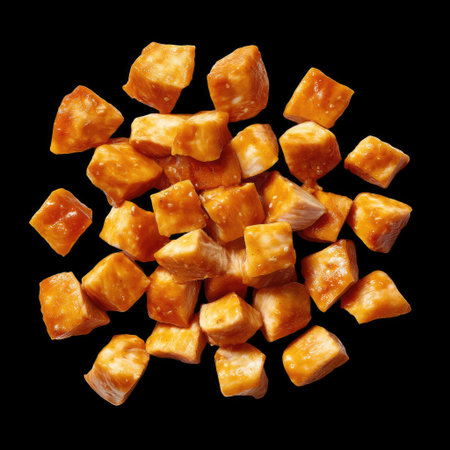 Delightful assortment of caramel candies displayed on a black background, highlighting their cube shapes and glossy texture, perfect for desserts or snacking.の素材