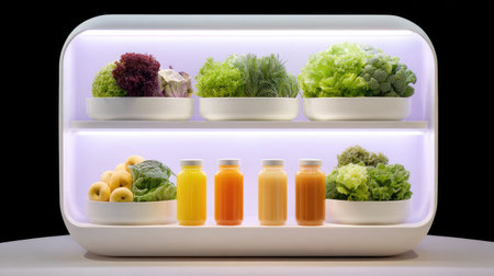 A modern shelf showcases an assortment of vibrant greens and nutritious juices, ideal for promoting healthy eating and modern cuisine lifestyles.の素材