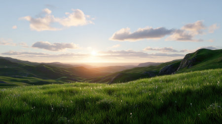 A breathtaking view of lush green hills bathed in the warm light of a sunrise, accented by fluffy clouds overhead, captures the essence of tranquility.の素材