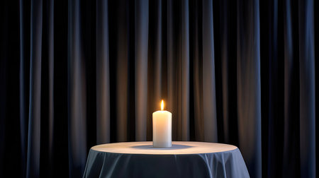 A single, softly glowing candle placed on a white table, surrounded by elegant dark drapes, creating a calm and serene atmosphere perfect for relaxation.の素材
