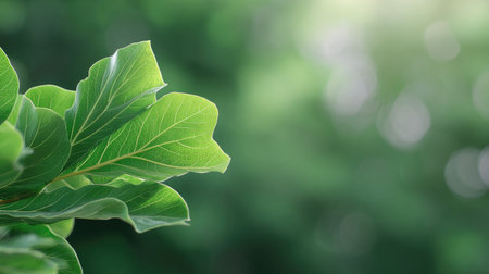 Captivating close-up of fresh green leaves on a branch, set against a soft, blurred natural background that radiates tranquility and beauty in nature.の素材