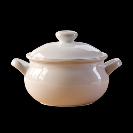 This image showcases an elegant white ceramic cooking pot with a smooth surface and a lid, set against a stylish black background, perfect for culinary visual storytelling.の素材
