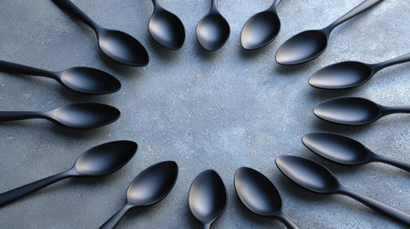 A visually appealing arrangement of black spoons creates a striking contrast against a textured surface, emphasizing modern design and minimalism.の素材