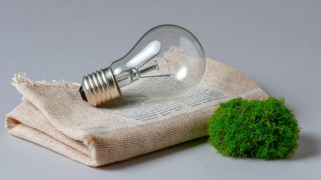 An eco-friendly light bulb rests on a natural fabric surface beside vibrant green moss, symbolizing sustainability and innovative design in home decor.の素材