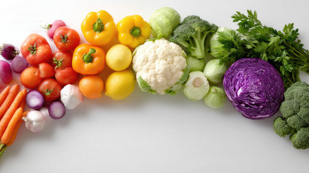 A stunning display of fresh vegetables showcases a variety of vibrant colors and textures, perfect for promoting healthy eating and culinary creativity.の素材