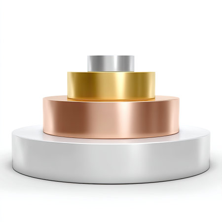 This image features a modern arrangement of three circular platforms in various metallic finishes, ideal for showcasing products and enhancing marketing presentations.の素材