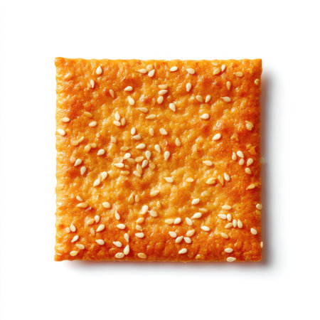 This image features a square savory snack topped with sesame seeds, perfect for culinary projects or as a snack food. Its vibrant color and crisp texture make it visually appealing and suitable for a variety of recipes.の素材