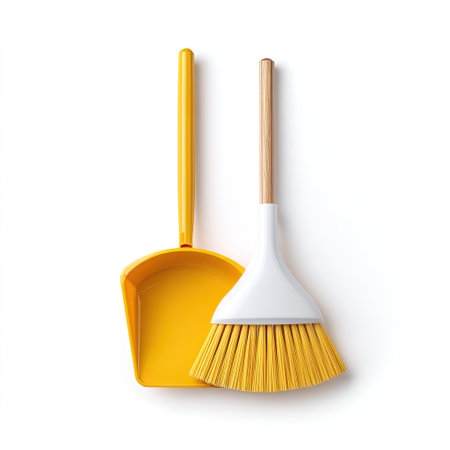 A vibrant yellow dustpan and broom set ideal for quick cleaning tasks in any space, enhancing organization and hygiene in both home and office settings.の素材