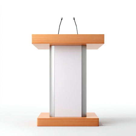 This image showcases a contemporary wooden podium equipped with microphones, ideal for speeches or presentations in professional environments.の素材